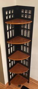 lot 301R image: LR - Wooden Corner Shelf Unit with Black Lattice Sides