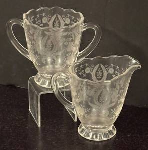 lot 316R image: K - Vintage Cambridge Glass Creamer Pitcher and Sugar Dish Set with Floral Etchings