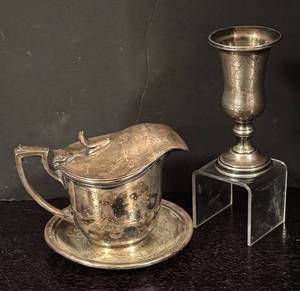 lot 342R image: K - Vintage Commodore Hotel Silver Soldered Creamer and Miniature Goblet
