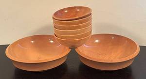 lot 349R image: LR - Set of 8 Vintage Woodpecker Wood Ware Hand Made Wooden Bowls