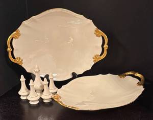 lot 353R image: LR - Vintage Lenox Porcelain Serving Platters and Salt and Pepper Shakers with Gold Accents