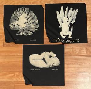 lot 369R image: LR - Set of 3 Larry Labont Unframed Fabric Art Prints In the Beginning, Earth Warrior, Metamorphosis