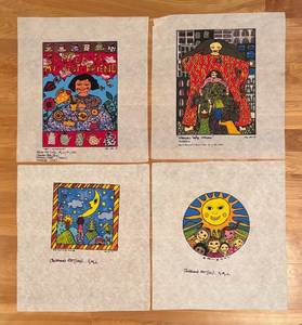 lot 370R image: LR - Set of 4 Colorful Vintage Unframed Fabric Art Prints by Kiki 1990s