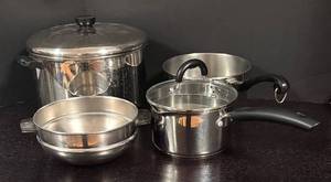 lot 371R image: K - Collection of Stainless Steel Pots and Pans by Martha Stewart, Farberware and More
