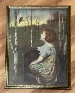 lot 378R image: LL  - Framed Vintage Print of Girl and Robin in Birch Grove