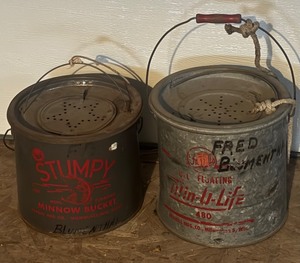 lot 402R image: G - Set of 2 Vintage Minnow Buckets Stumpy & Frabill