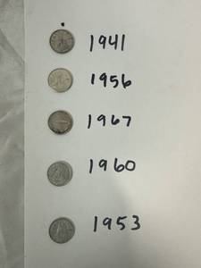 lot 1056 image: Five Canadian Silver Dimes