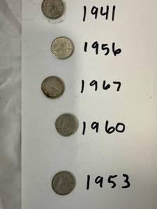 lot 1127 image: Five Canadian Silver Dimes