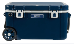 lot 219 image: Magellan Outdoors Pro Explore Icebox 45 qt Hard Cooler (Missing 1 Wheel)