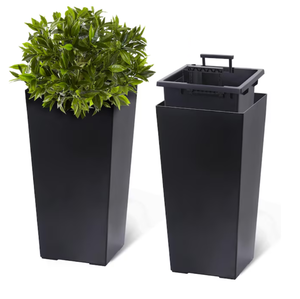 lot 113 image: Qeetex 57Cm Tall Planter Set of 2 Indoor Outdoor Black Taper Planter with Shelf Insert Self-Absorbing Plastic Flower Pots Large Resin Plant Pots for Outdoor Plants and Front Porch Decor (Transit Damage Corner Broken Off)