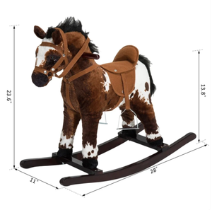 lot 256 image: Qaba Kids Wooden Plush Ride-On Rocking Horse Chair Toy with Realistic Sounds Dark BrownWhite