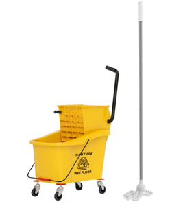 lot 265 image: HOMCOM Mop Bucket with Wringer on Wheels for Floor Cleaning, 38 Quart Down Press Wringer with Handle, Yellow