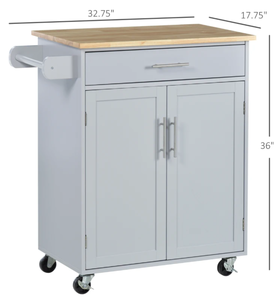 lot 266 image: HOMCOM Kitchen Island Cart, Rolling Island Table with Solid Wood Top, Trolley Cart with Drawer, Storage Cabinet & Towel Rack, Gray