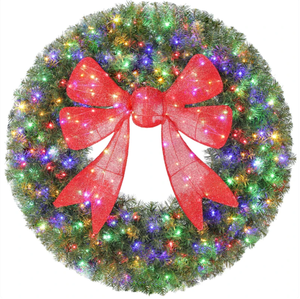 lot 287 image: HOMCOM 36in Pre-Lit Christmas Wreath with 3D Red Bow, 11 Lighting Modes, Front Door Christmas Wreath with Remote