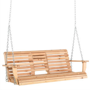 lot 291 image: Outsunny 3-Seater Wooden Porch Swing, Patio Swing Bench with Folding Coffee Table, Cup Holders and Chains Included, 440lbs Weight Capacity, Natural