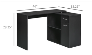 lot 293 image: HOMCOM L Shaped Computer Desk, 180° Rotating Corner Desk with Storage Shelves, Drawer and Cabinet, Study Workstation for Home Office, Black