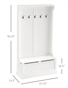 lot 298 image: HOMCOM 3-In-1 Entryway Bench with Coat Rack, Hall Tree with Bench and Shoe Storage, 5 Hooks for Hallway Cream White (Missing Part F In Manual)