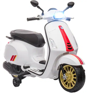 lot 305 image: Vespa Licensed 6V Electric Motorcycle for Kids, Battery-Powered Ride-On with Music, FM Radio, and Training Wheels