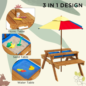 lot 308 image: Outsunny Sensory Table 3 in 1 Toddler Water and Sand Table w Foldable Umbrella 2 Play Boxes Removable Top, 3-6 Years Old, Teak