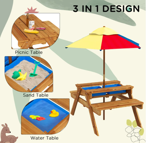 lot 321 image: Outsunny Sensory Table 3 in 1 Toddler Water and Sand Table w Foldable Umbrella 2 Play Boxes Removable Top, 3-6 Years Old, Teak