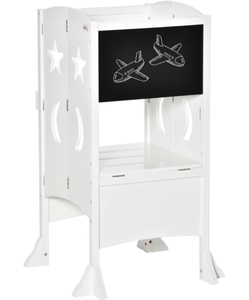 lot 322 image: Qaba 2 in 1 Kids Foldable Kitchen Step Stool, Toddler Standing Tower with Chalkboard and Lockable Handrail for Children 3-6 Years Old, White