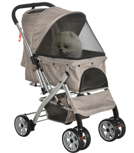 lot 83 image: PawHut Dog Stroller for Small Dogs Cats, 4 Wheels One-Click Fold Pet Stroller with Swivel Wheels, Brake, Basket Storage, Safety Belts, Adjustable Canopy, Zippered Mesh Window Door, Brown (Slightly Used)