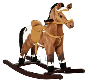 lot 131 image: Qaba Kids Wooden Plush Ride-On Rocking Horse Chair Toy with Realistic Sounds Dark BrownWhite