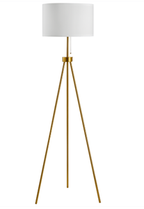 lot 139 image: HOMCOM 59.75 Tripod Floor Lamp with Pull Chain Standing, Fabric Lampshade E26 Lamp Holder Steel for Living Room, Bedroom, Office, Gold