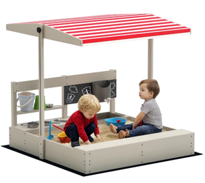 lot 324 image: Outsunny Kids Sandbox with Height Adjustable Canopy, Wooden Sandbox Backyard Toy with Kitchen Playset Accessories, Outdoor Activity Gift for Girls and Boys, Ages 3-7