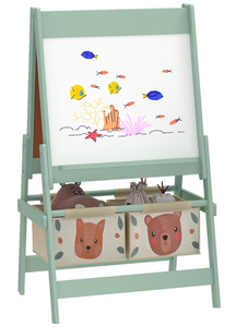 lot 346 image: Qaba Art Easel for Kids with Paper Roll, 3 in 1 Toddler Painting Easel with Blackboard, Whiteboard, Storage Baskets, Green, Fox and Bear