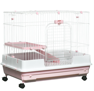 lot 414 image: PawHut 2-Level Small Animal Cage Rabbit Hutch with Wheels, Removable Tray, Platform and Ramp for Bunny, Chinchillas, Ferret, Pink