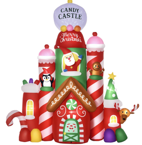 lot 418 image: Outsunny 10ft Christmas Inflatables Outdoor Decorations Candy Castle, Blow-Up LED Yard Christmas Decor, Built-in Rotating Colorful Light for Garden, Lawn, Party (Used )