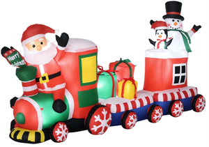 lot 425 image: Outsunny 8ft Christmas Inflatables Outdoor Decorations Train with Santa Claus, Snowman, Penguin and Gift Boxes, Blow-Up LED Yard Christmas Decor for Lawn Garden Party