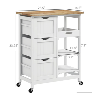 lot 428 image: HOMCOM Rolling Kitchen Cart, Kitchen Island with Wood Top, Shelves & Drawers for Dining Area, White