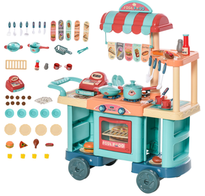 lot 436 image: Qaba Kids Kitchen Food Stand with Play Food, Cashier Register, Accessories Ages 3-6 (Missing Some Accessories. 1 Oven Door Cracked)