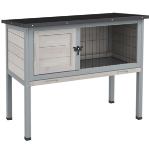 lot 468 image: PawHut Elevated Rabbit Hutch, Wooden Bunny Cage with Hinged Asphalt Roof and Removable Tray, for IndoorOutdoor, Gray (Used, Maybe Missing Hardware)