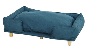 lot 480 image: PawHut Raised Dog Couch with Comfortable Cushion, Pine Wood Legs, Foot Pads for Large-Sized Dogs Indoor Use, Dark Blue