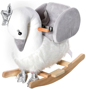 lot 482 image: Qaba Rocking Horse, Kids Ride on Horse Swan Rocker with Sound, Plush Seat, Wooden Base, Safety Belt for Toddlers 18-36 Months, White