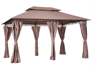 lot 361 image: Outsunny 10 x 13 Patio Gazebo, Outdoor Gazebo Canopy Shelter with Curtains, Vented Roof, Steel Frame for Garden, Lawn, Backyard and Deck, Khaki (Missing Part E On Manual)