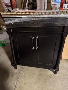 lot 46 image: Home Decorators Collection Aberdeen 30 in. Single Sink Black Bath Vanity with Carrara Marble Top (Assembled) damaged on side see pictures
