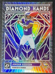 lot 130 image: 2023 NFL Optic Jordan Addison Diamond Hands Minnesota Vikings Rookie Football Card No. DH-JA
