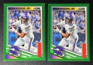 lot 142 image: 2-Card NFL 2025 Score Justin Jefferson Green Parallel Minnesota Vikings Football Card Lot