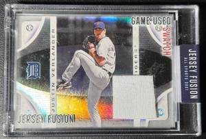 lot 23A image: 2021 Jersey Fusion Justin Verlander GAME USED Swatch (09262010) Detroit Tigers Baseball Card