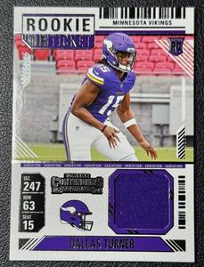 lot 69A image: 2024 Contenders Dallas Turner Variation Rookie Swatch Minnesota Vikings Football Card #RTS-DTR