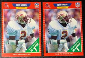 lot 89A image: 2-Card 1989 Topps Pro Set Deion Sanders Rookie Atlanta Falcons Football Card Lot