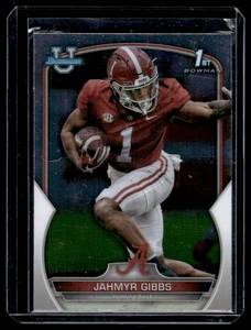 lot 65 image: Jahmyr Gibbs Chrome RC  2022 Bowman University #82 Rookie Football Card