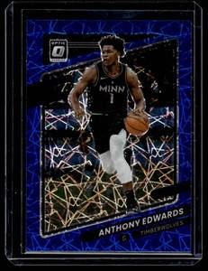 lot 106 image: Anthony Edwards Blue Lazer Prizm 2021-22 Donruss Optic #83 Minnesota Timberwolves Basketball Card