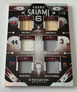 lot 8 image: 6-Relic 20 Harmon Killebrew, Reggie Jackson, David Ortiz, Willie Stargell, Eric Davis, Gary Gaetti 2022 Leaf Grand Salami #GS-04 Baseball Card