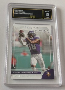lot 20 image: Justin Jefferson GMA 10 Gem Mint 2023 Prestige For the Record Xtra Points #7 Minnesota Vikings Football Card