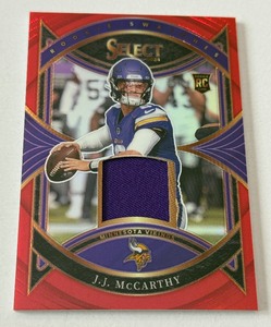 lot 25 image: JJ McCarthy RC Red Refractor Prizm 2023 Select #RS-JMY Rookie Swatches Minnesota Vikigns Football Card